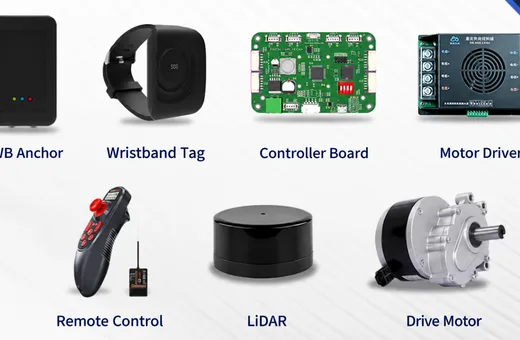 UWB following kit components: anchor, wristband, controller, motor driver, remote control, lidar and motor